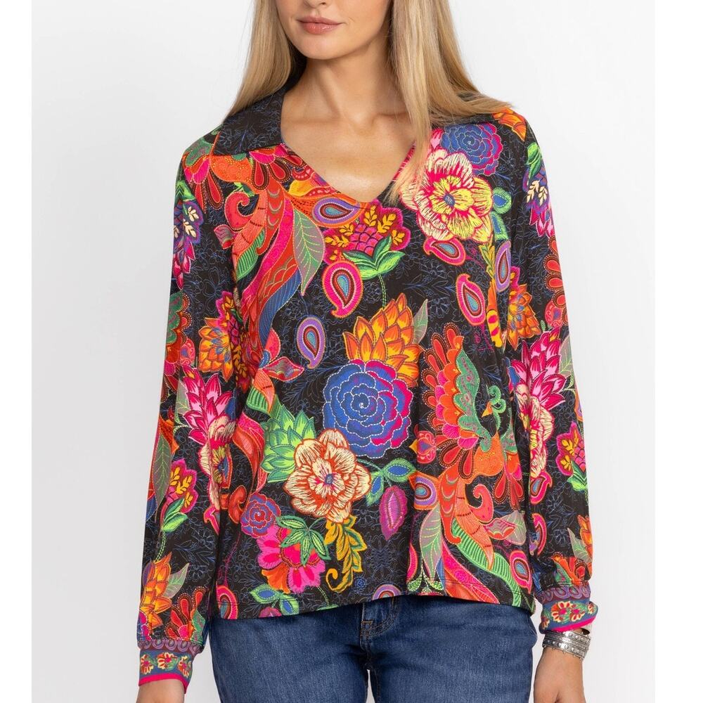 Johnny Was Janie Puff Sleeve Polo Blouse Size 1X Multicolor Floral Paisley Boho